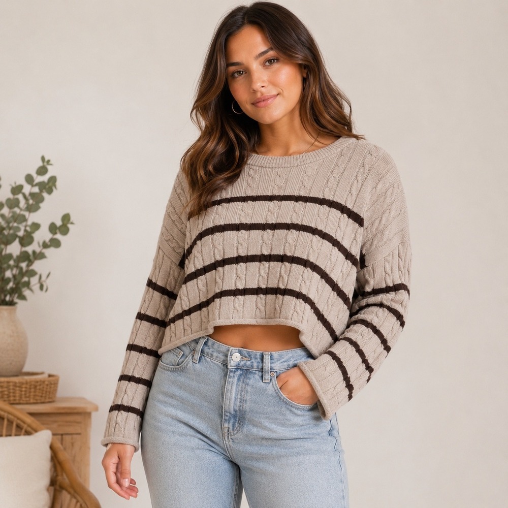 Pink Rose Cable Knit Striped‎ Cropped Sweater Beige Brown Long Sleeve Size L - Picture 2 of 8